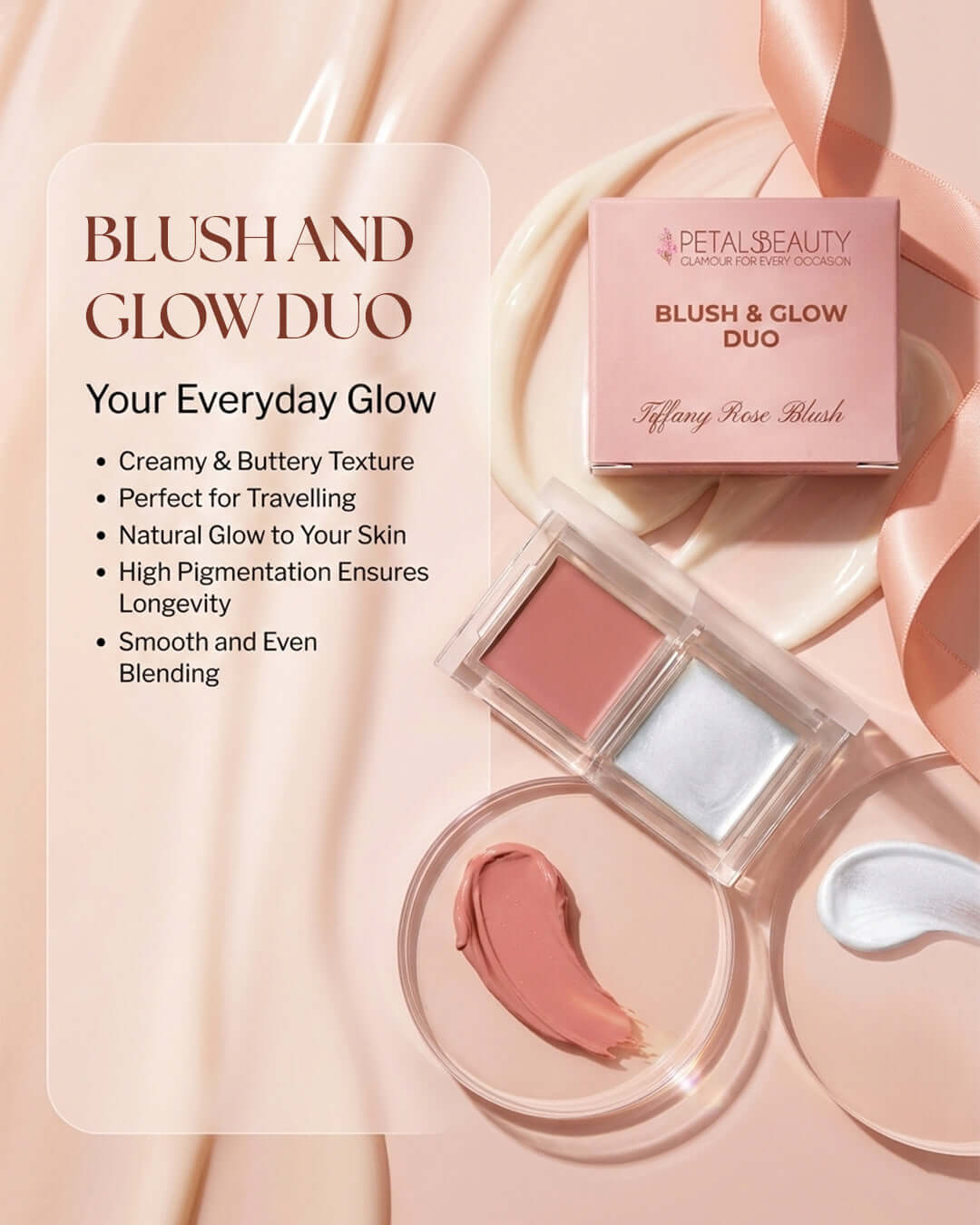 Petals Beauty Blush and Glow Duo makeup set in a soft pink theme, featuring a boxed set, an open compact with two pans (rose pink and silver-white), and a loose swatch of the blush, styled on a draped satin background with text callouts.