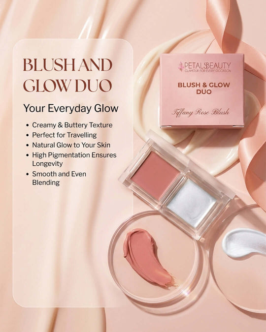 Petals Beauty Blush and Glow Duo makeup set in a soft pink theme, featuring a boxed set, an open compact with two pans (rose pink and silver-white), and a loose swatch of the blush, styled on a draped satin background with text callouts.