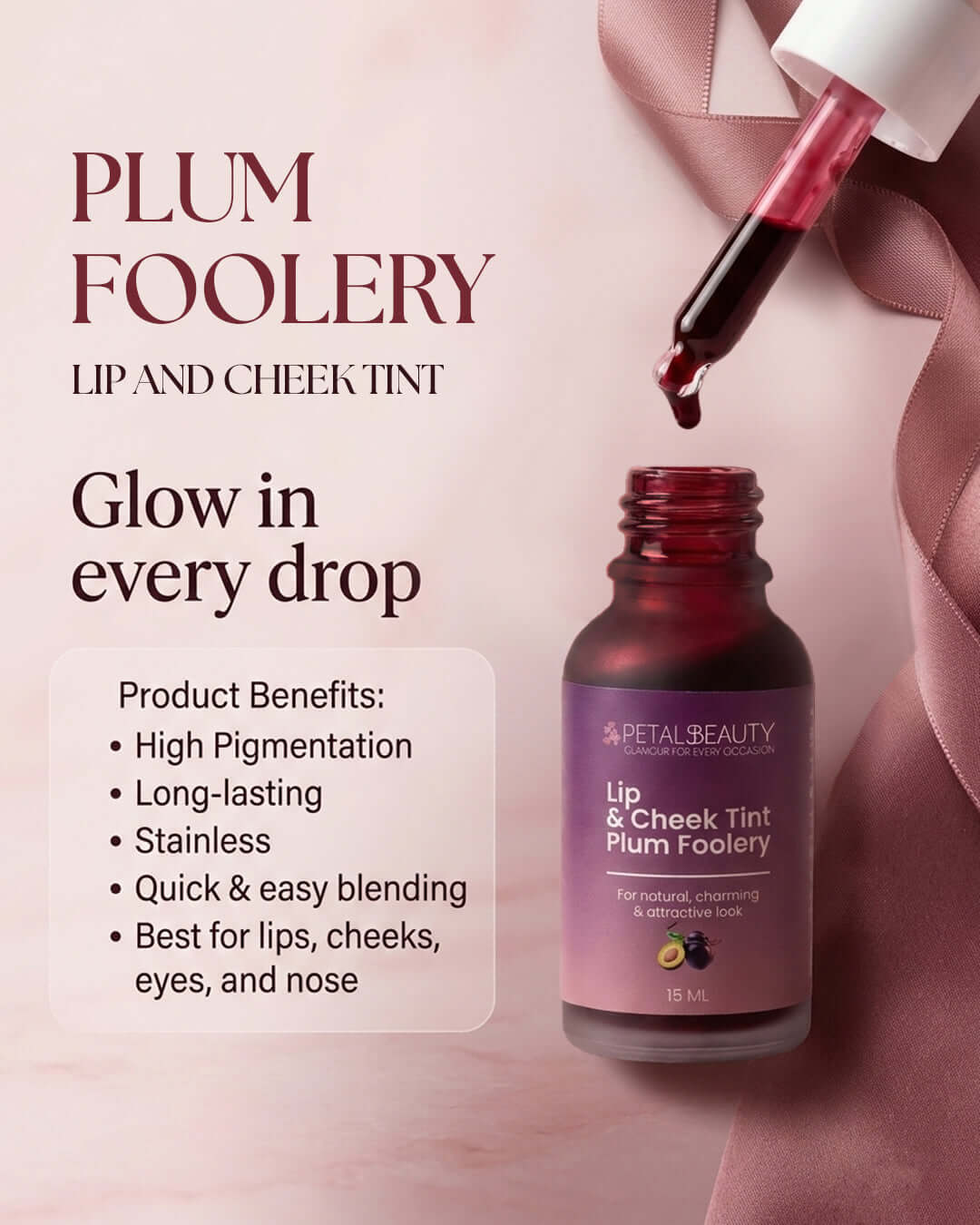Plum Foolery tint benefits: buildable plum colour for lips and cheeks