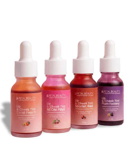 All four Petals Beauty lip and cheek tints: Scarlet Red, Neon Pink, Plum Foolery and Coral Peach