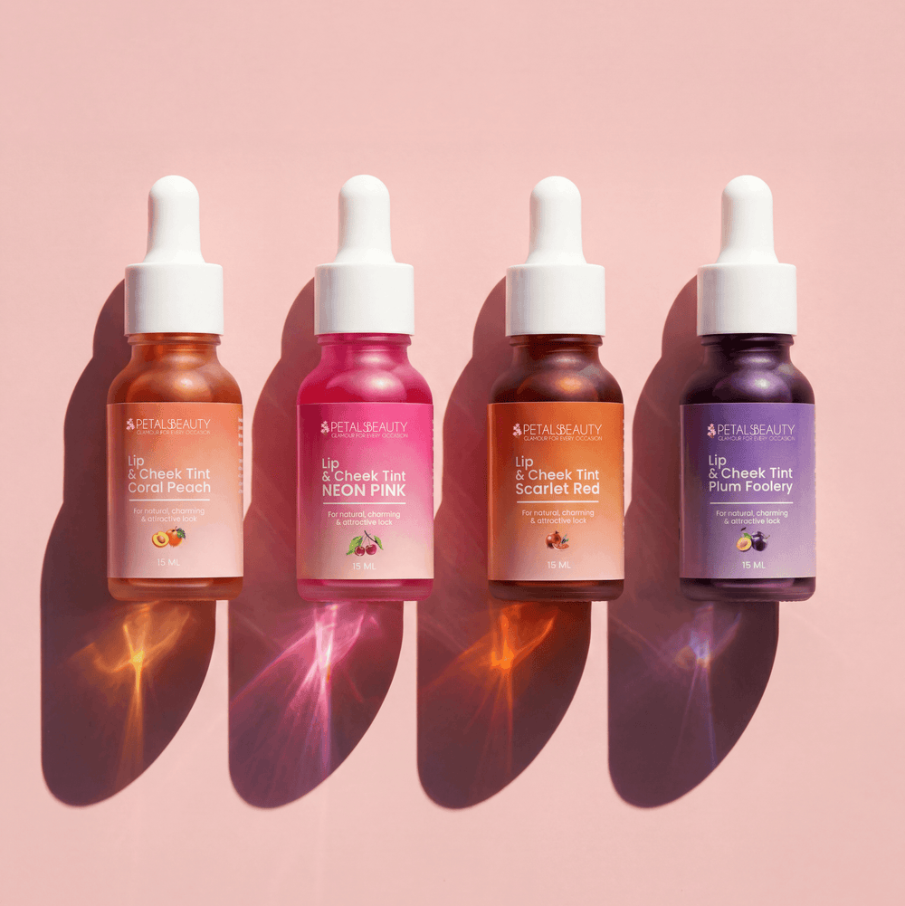 Petals Beauty lip and cheek tint bottles shown together