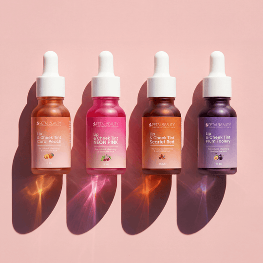 Petals Beauty lip and cheek tint bottles shown together