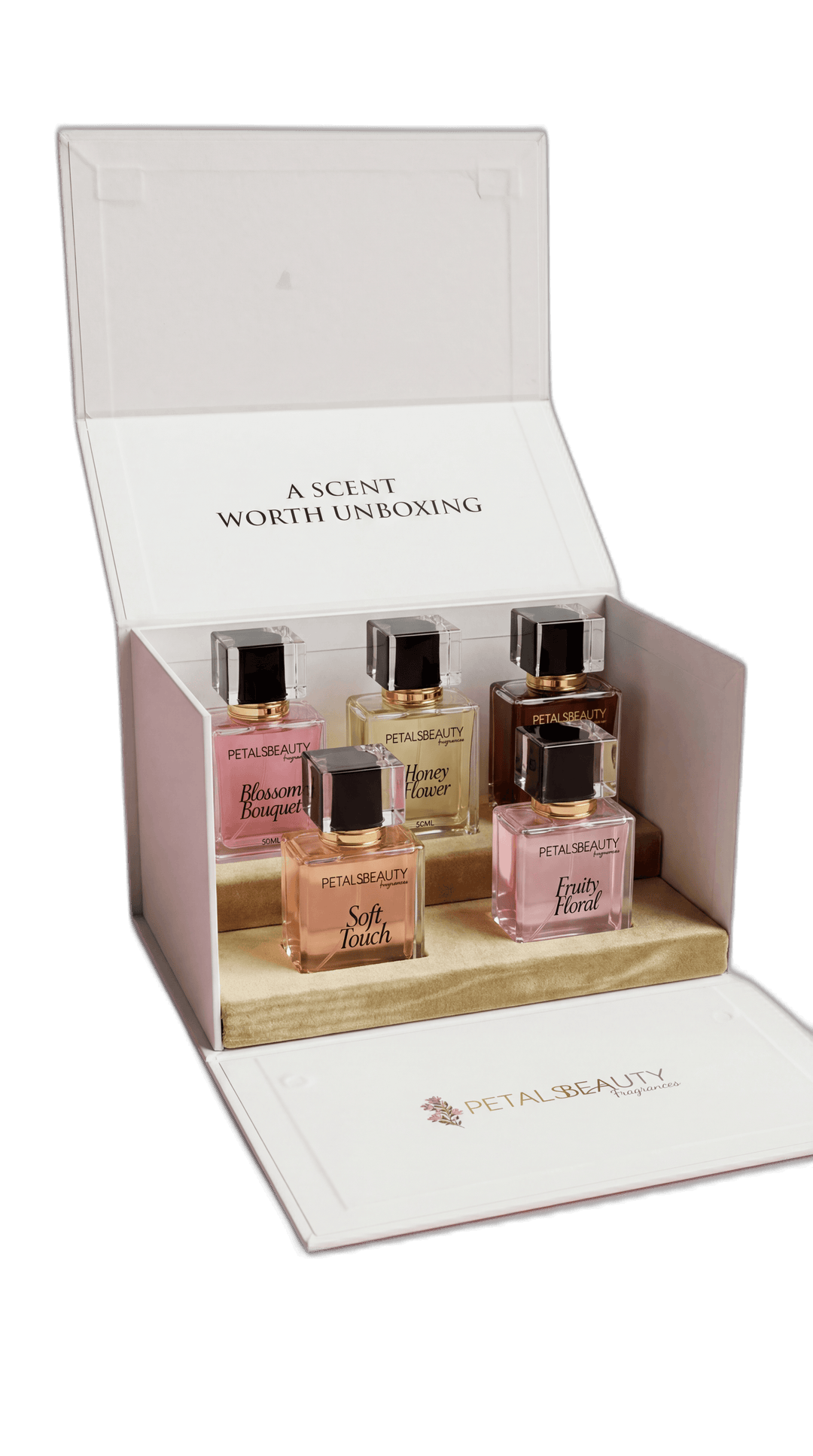 Set of five Petals Beauty 50ml fragrances with the free premium gift box