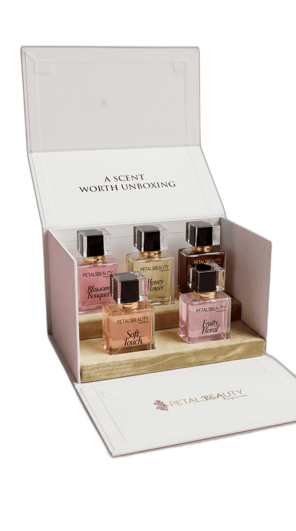 Set of five Petals Beauty 50ml fragrances with the free premium gift box
