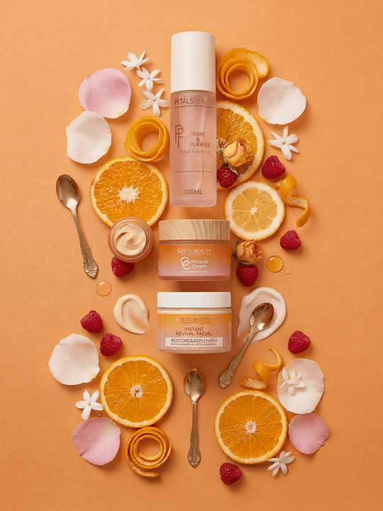 Glass-Skin Bundle contents with Prime and Purifier, Miracle C Cream and Instant Revival Facial