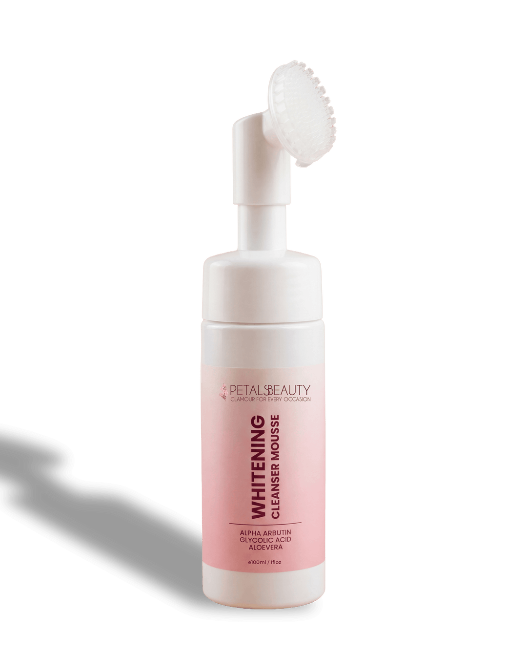 White bottle with pink label featuring 'Petals Beauty Whitening Cleanser Mousse' on a white background