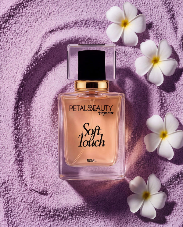 Soft Touch perfume bottle styled on a soft background