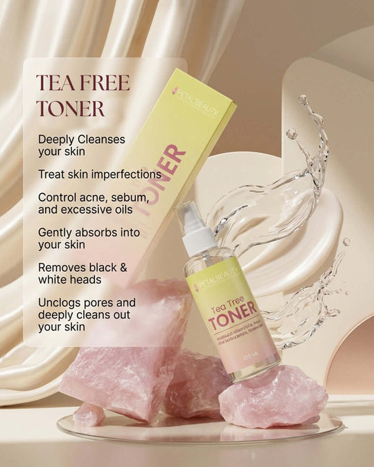 Tea tree toner bottle with packaging on a decorative background