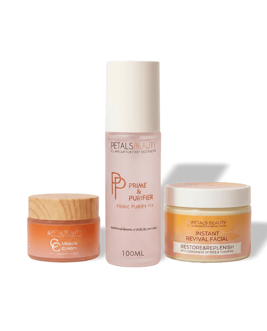 Glass-Skin Bundle with Prime and Purifier, Miracle C Cream, Instant Revival Facial and free sponge