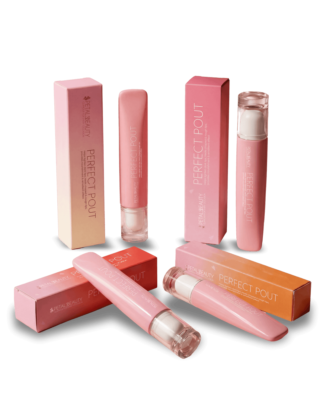 Perfect Pout lip gloss bundle with all four shades: Red Ruby, Pink Petals, Caramel Kiss and Diamond Touch
