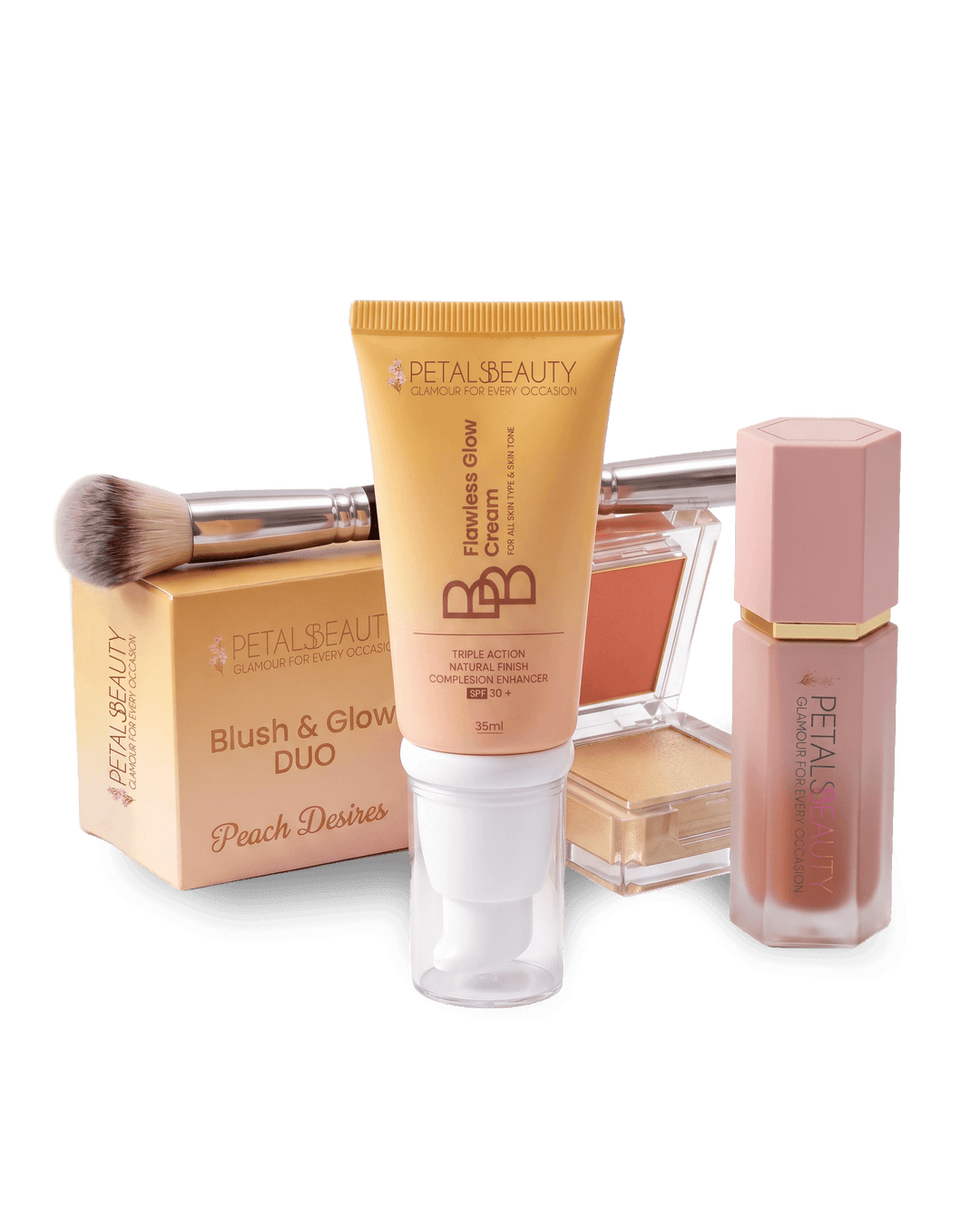 Brush, BB and Blush bundle with BB cream, liquid blush, Blush and Glow duo and makeup brush
