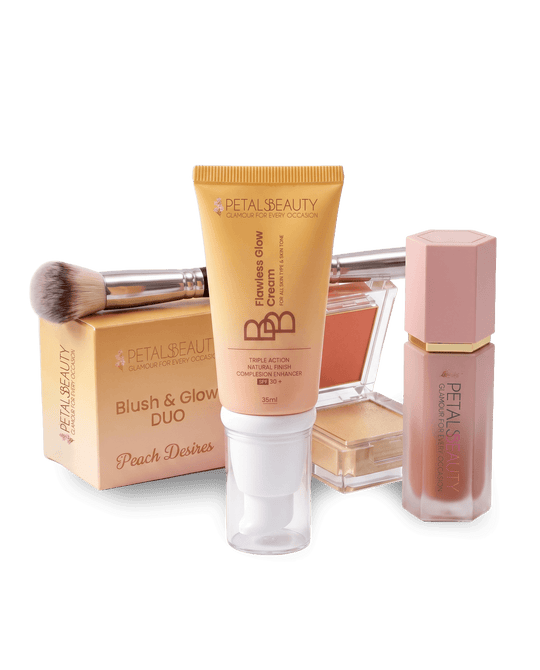 Brush, BB and Blush bundle with BB cream, liquid blush, Blush and Glow duo and makeup brush