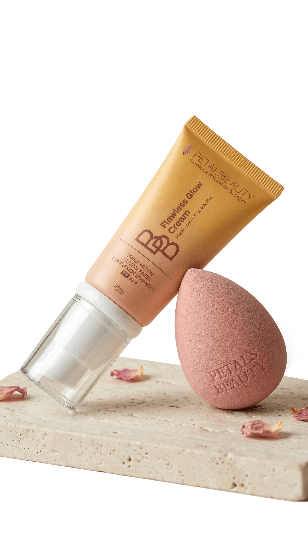 Flawless Glow BB cream paired with an ultra soft beauty blender sponge by Petals Beauty